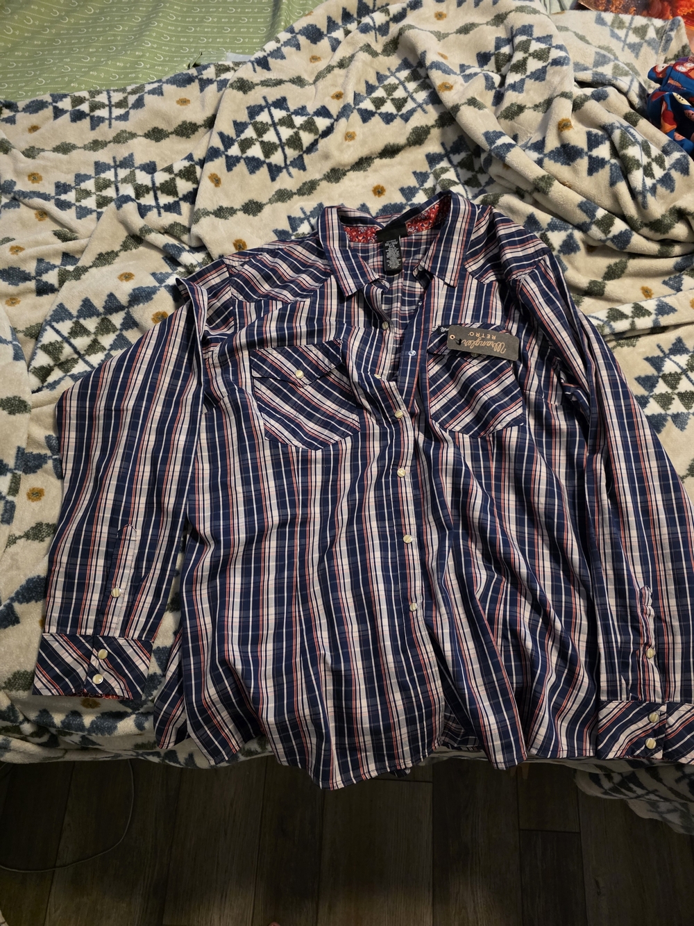 Wrangler Womens Blue and Coral Striped Plaid Pearl Snap Shirt NWT